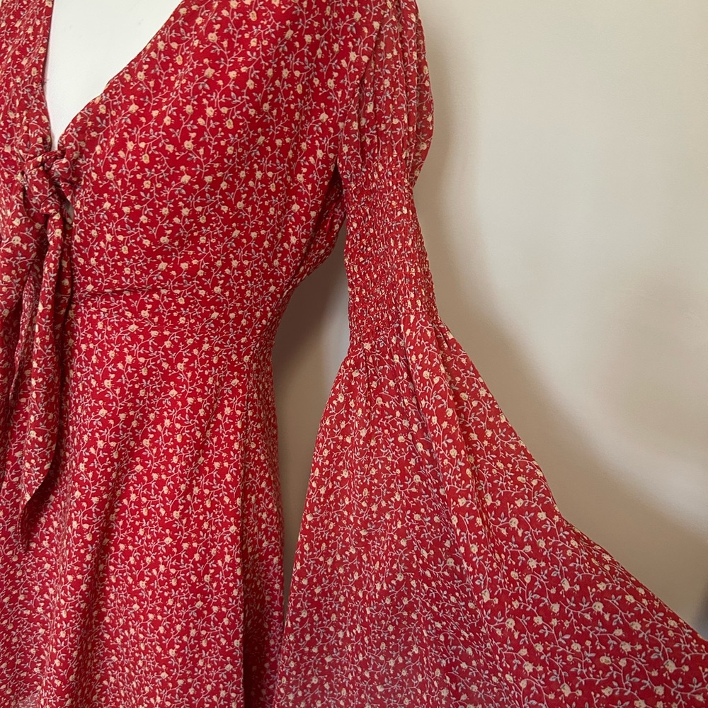 Vici Red Floral Tie-Front Long Sleeve Dress - Picture 8 of 13